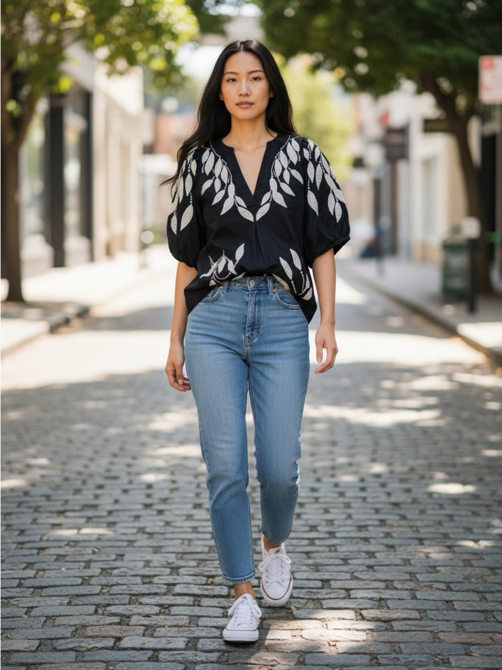 Anthropologie Black Blouse with White Leaf Embroidery - Picture 12 of 12